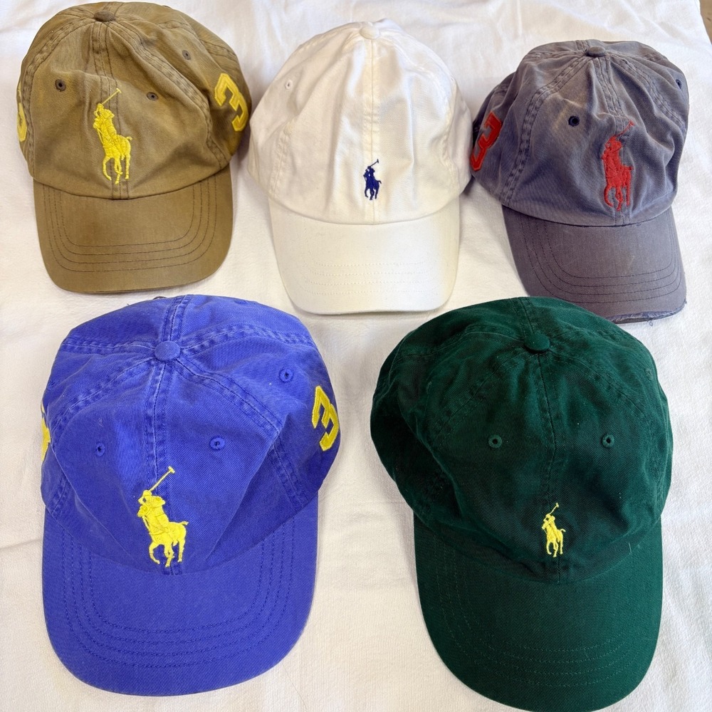 Lot of 5  Polo Ralph Lauren Mens Canvas Adjustable Hats Caps.  3 w/ Large Pony